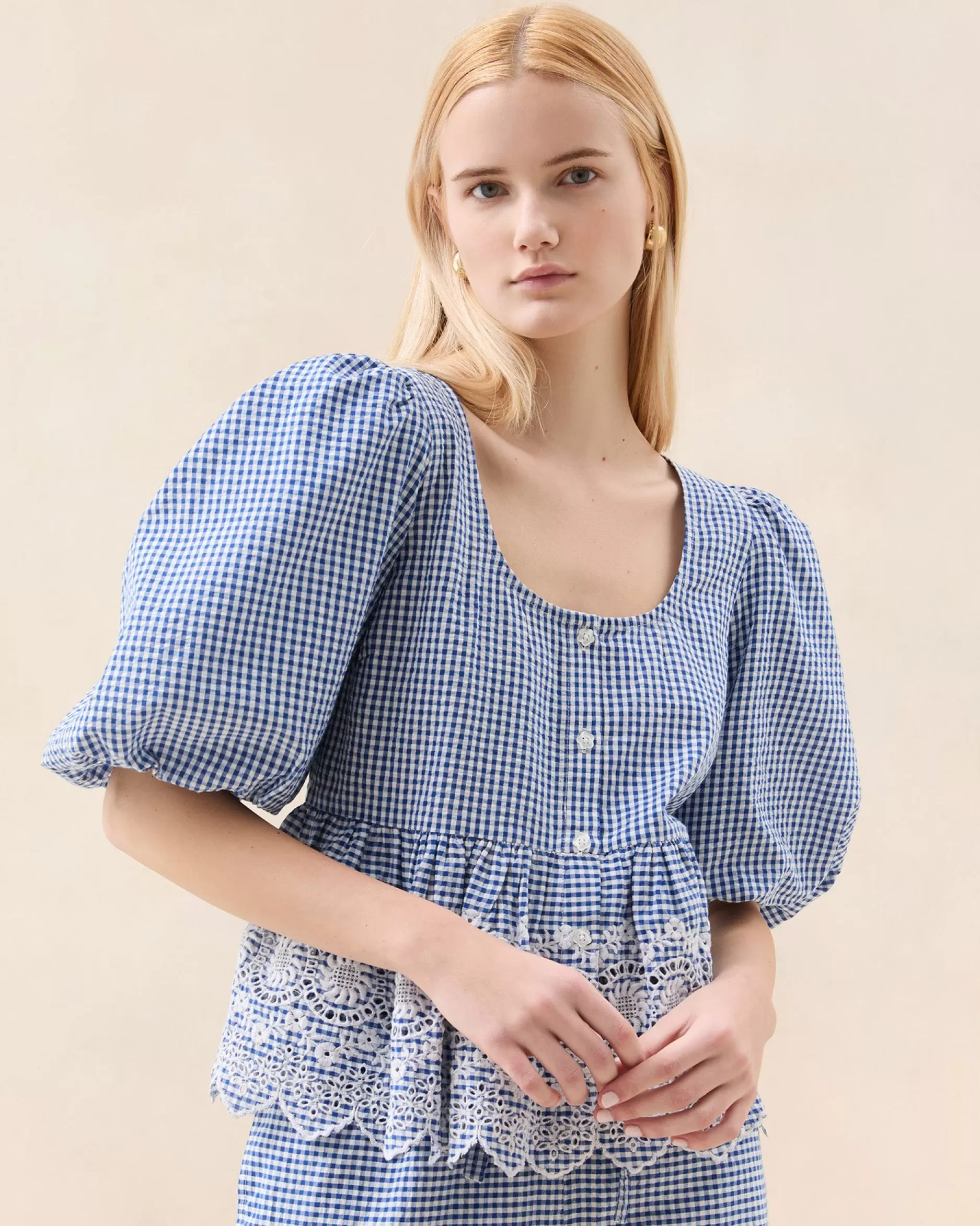 Loeffler Randall Jodie Blue Gingham Embroidered Top